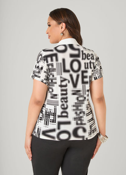 Ashley Stewart Love Fashion Print Shirt Black White