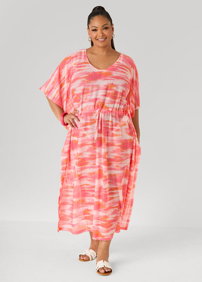Ashley Stewart Printed Mesh Kaftan Calypso Coral