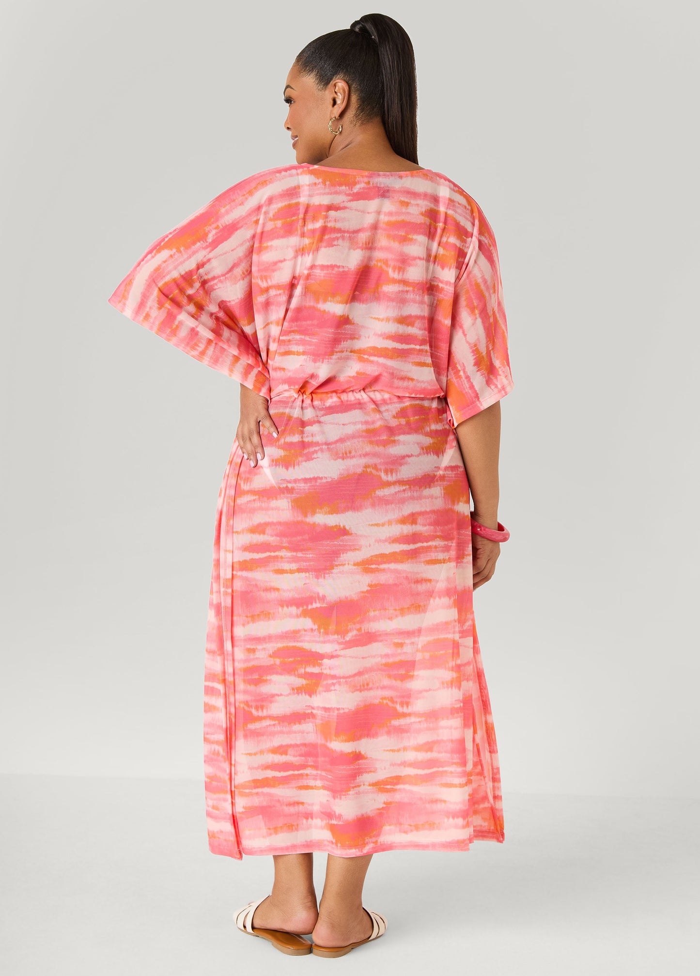 Ashley Stewart Printed Mesh Kaftan Calypso Coral
