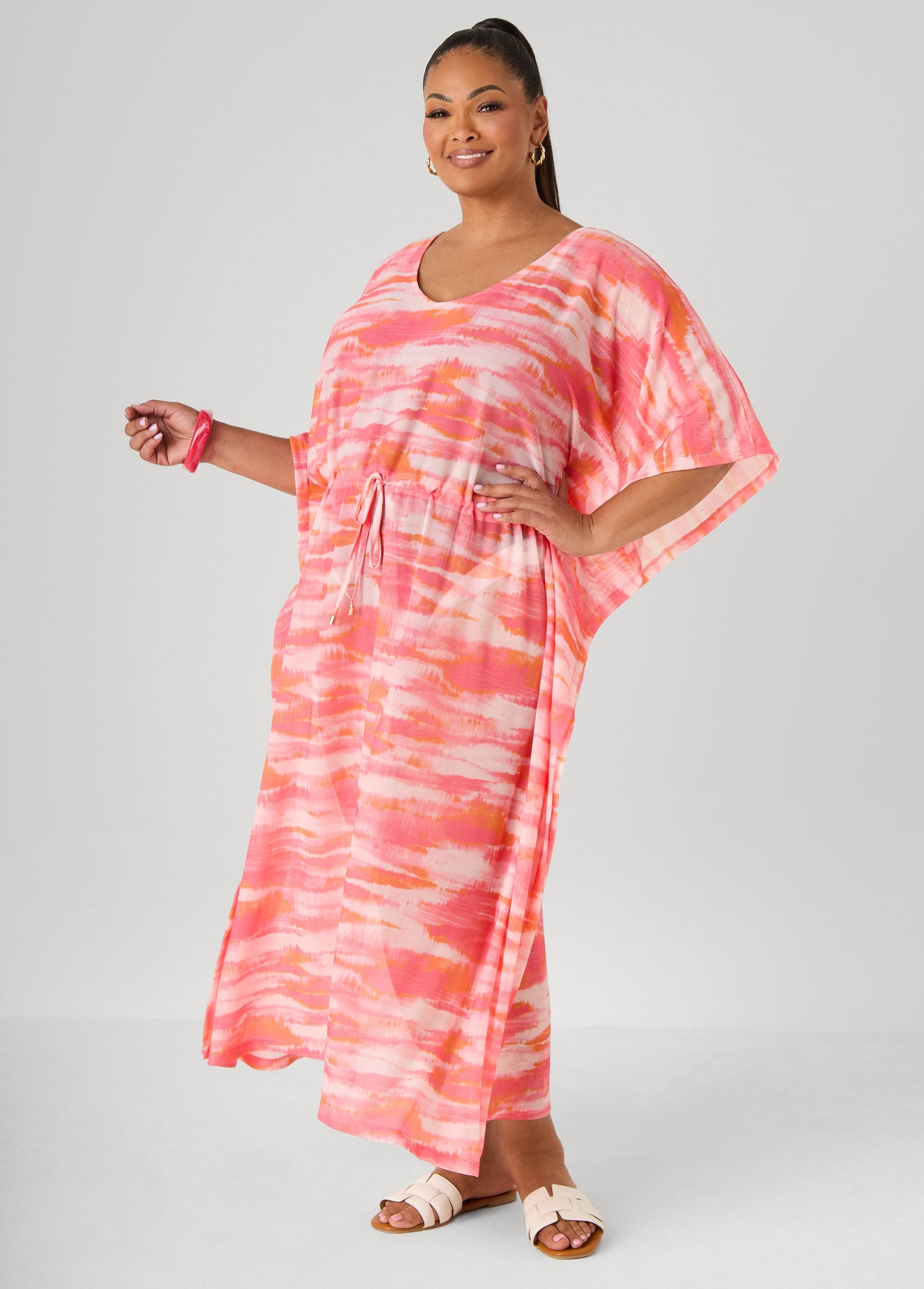 Ashley Stewart Printed Mesh Kaftan Calypso Coral