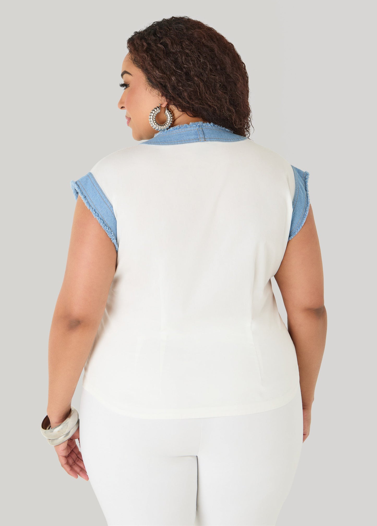 Ashley Stewart Denim Trimmed Cotton Shirt White