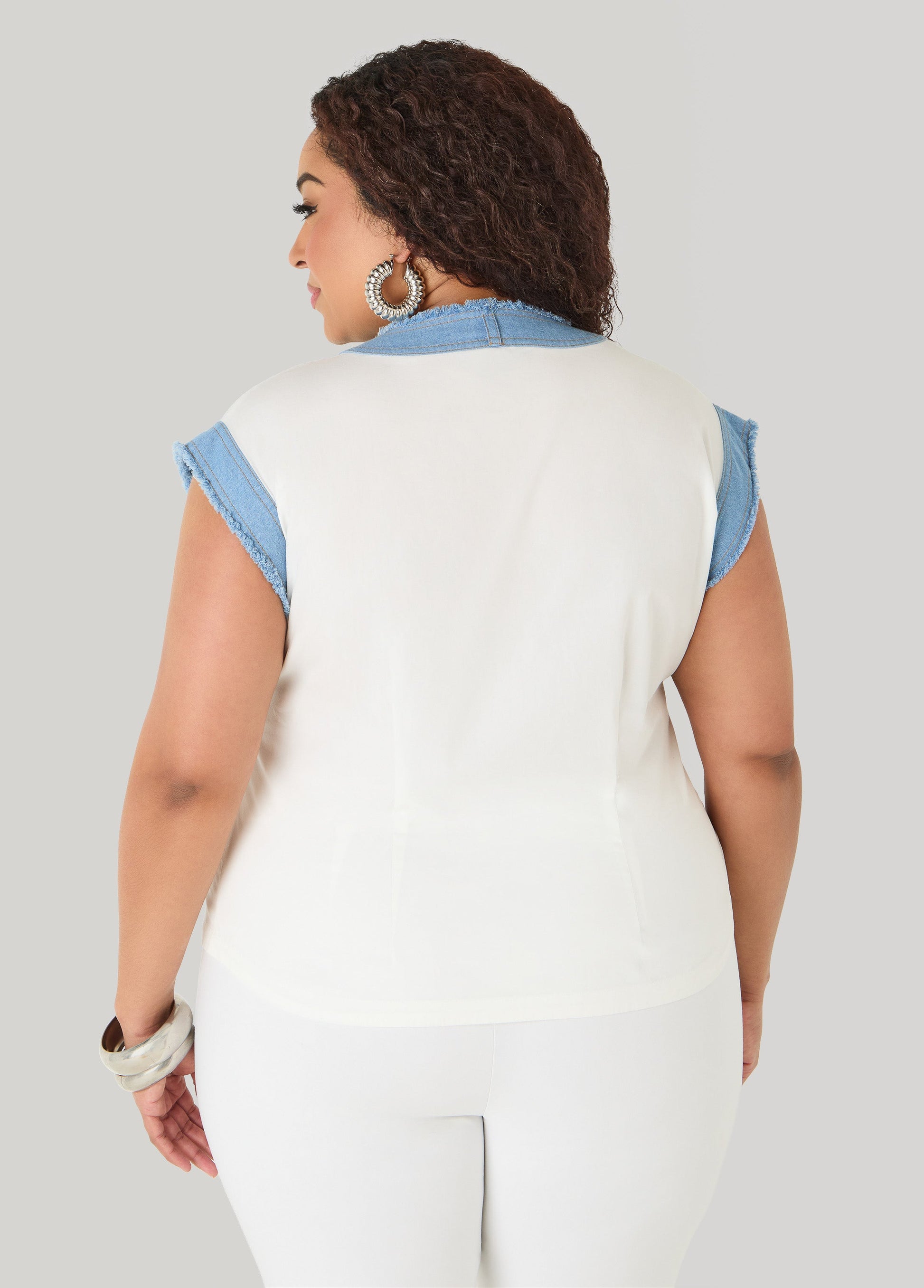 Ashley Stewart Denim Trimmed Cotton Shirt White