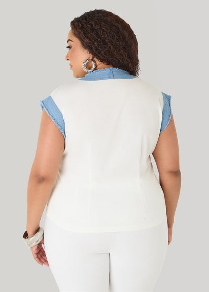 Ashley Stewart Denim Trimmed Cotton Shirt White