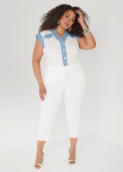 Ashley Stewart Denim Trimmed Cotton Shirt White