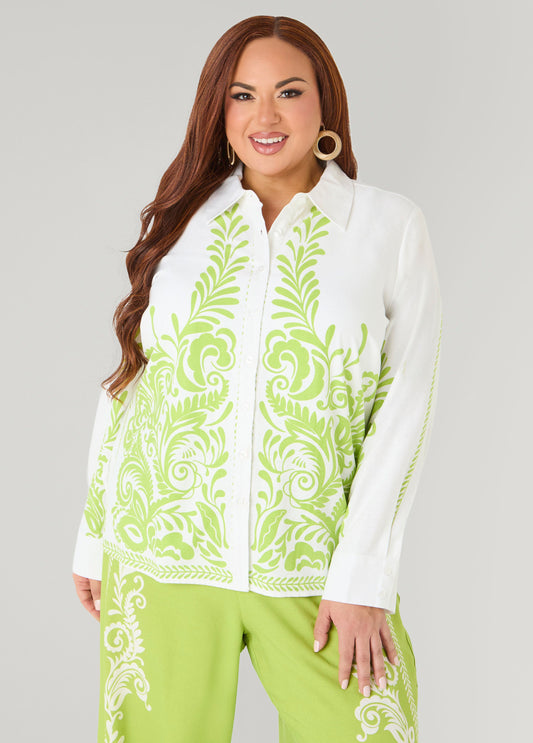 Ashley Stewart Leaf Print Linen Blend Shirt White