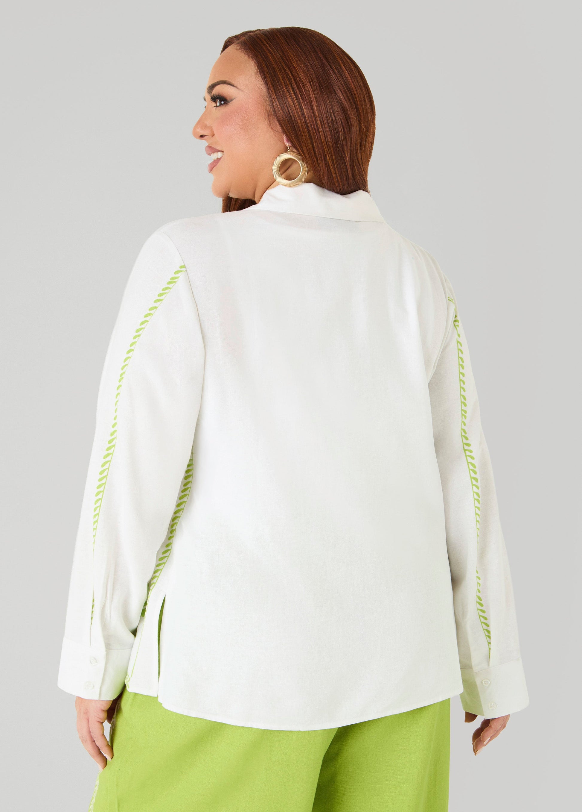 Ashley Stewart Leaf Print Linen Blend Shirt White