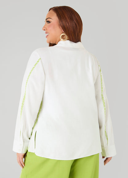Ashley Stewart Leaf Print Linen Blend Shirt White