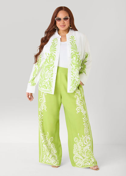 Ashley Stewart Leaf Print Linen Blend Shirt White