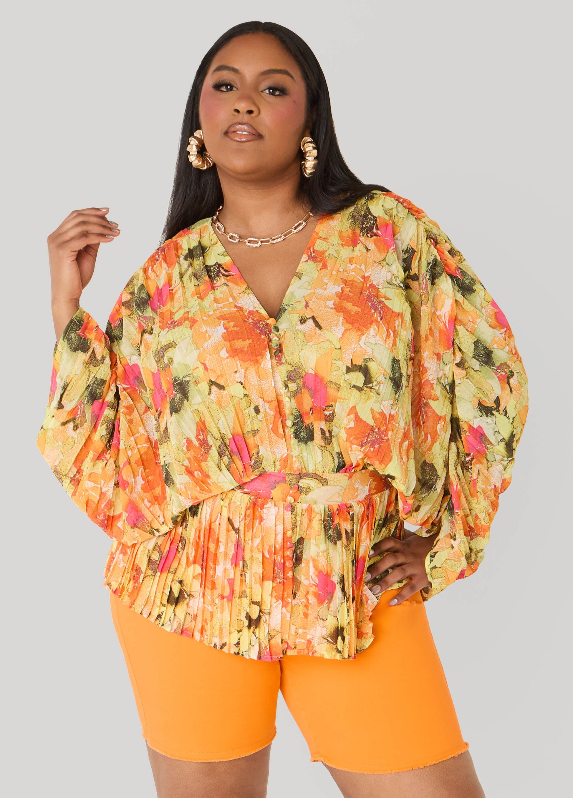 Ashley Stewart Pleated Floral Print Blouse Yellow