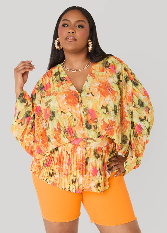 Ashley Stewart Pleated Floral Print Blouse Yellow