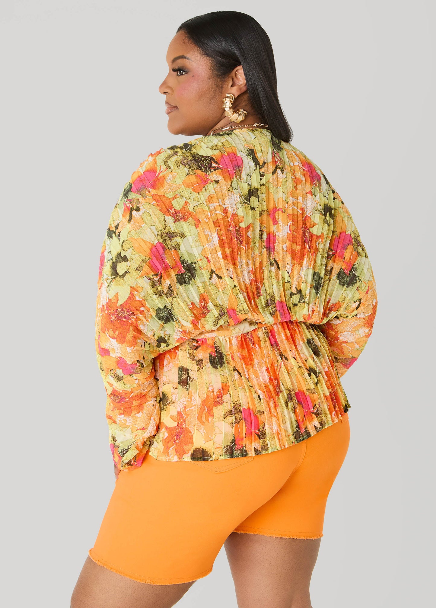 Ashley Stewart Pleated Floral Print Blouse Yellow