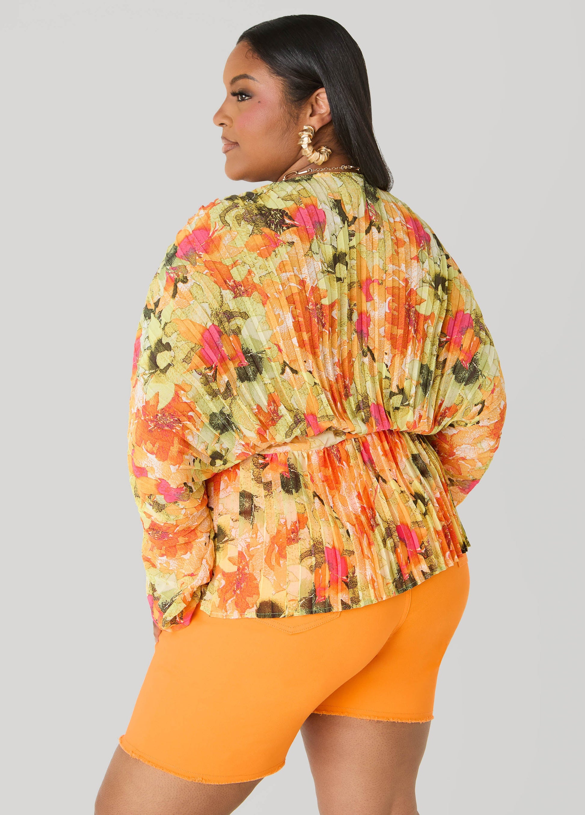 Ashley Stewart Pleated Floral Print Blouse Yellow