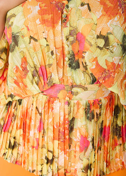 Ashley Stewart Pleated Floral Print Blouse Yellow