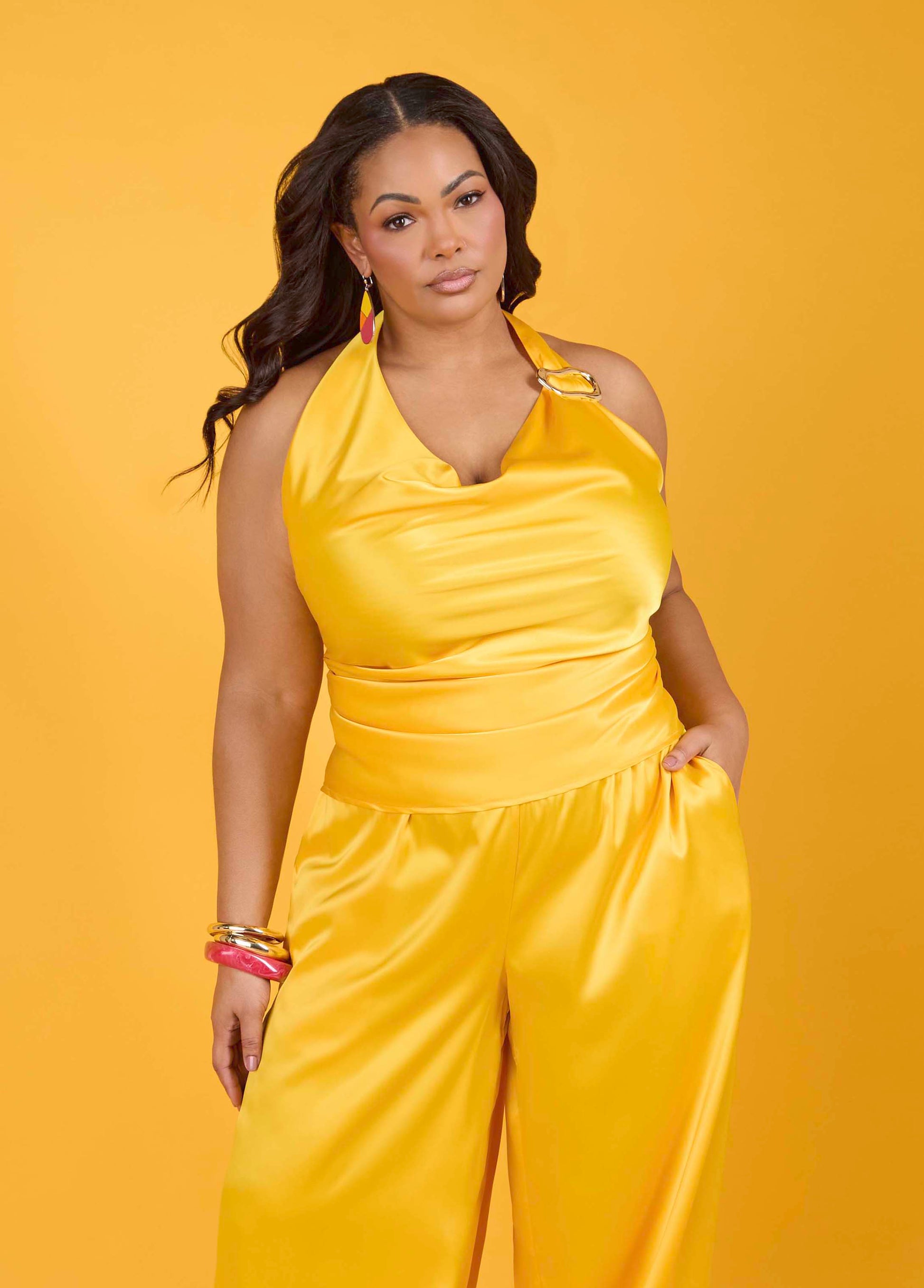 Ashley Stewart Embellished Satin Halter Top Spectra Yellow