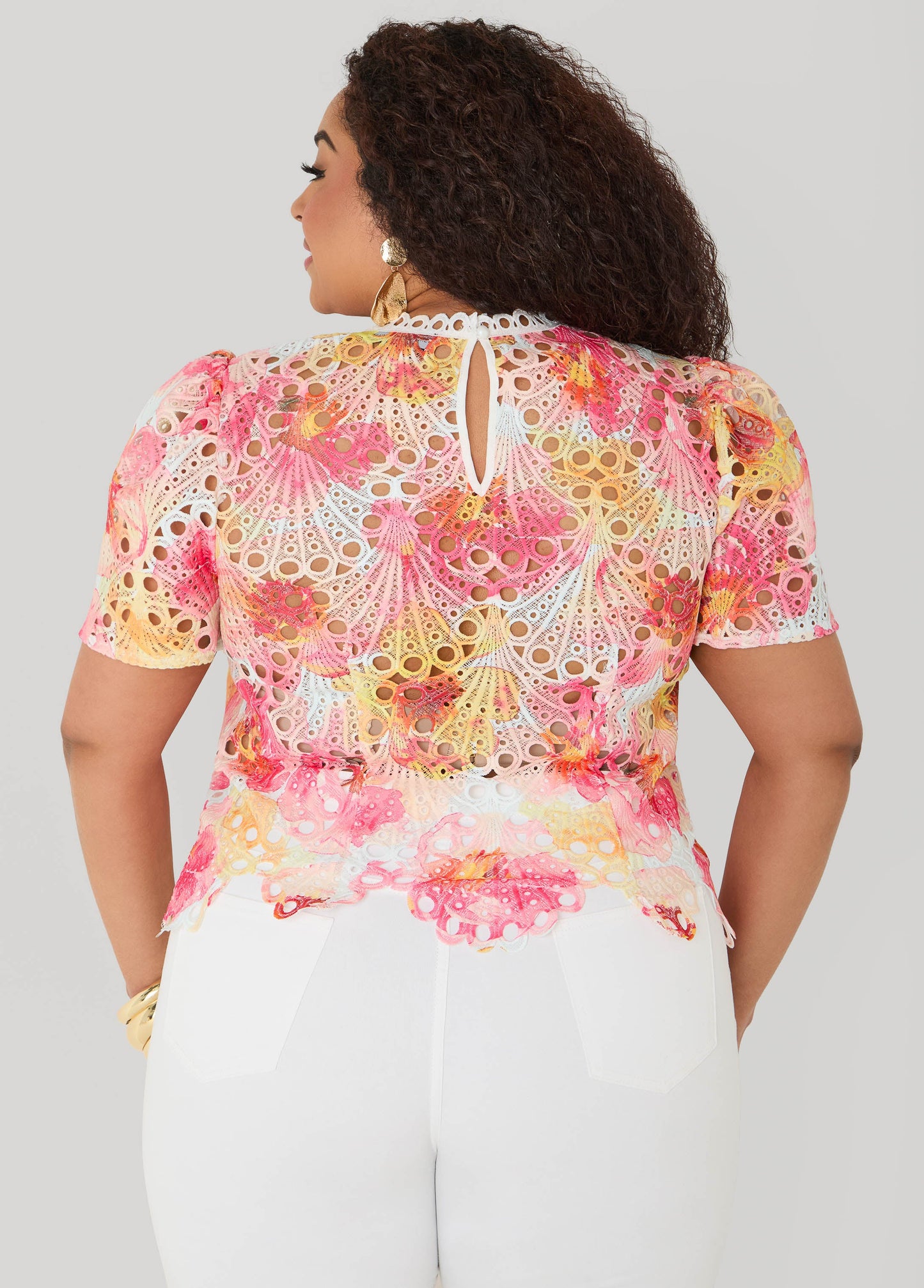 Ashley Stewart Floral Print Crochet Lace Top Calypso Coral