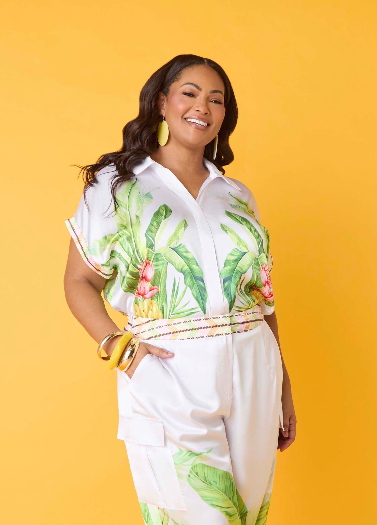 Ashley Stewart Palm Print Bubble Crop Top White