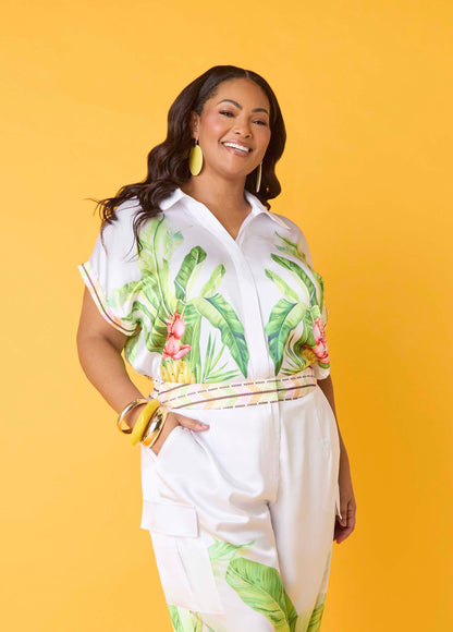 Ashley Stewart Palm Print Bubble Crop Top White