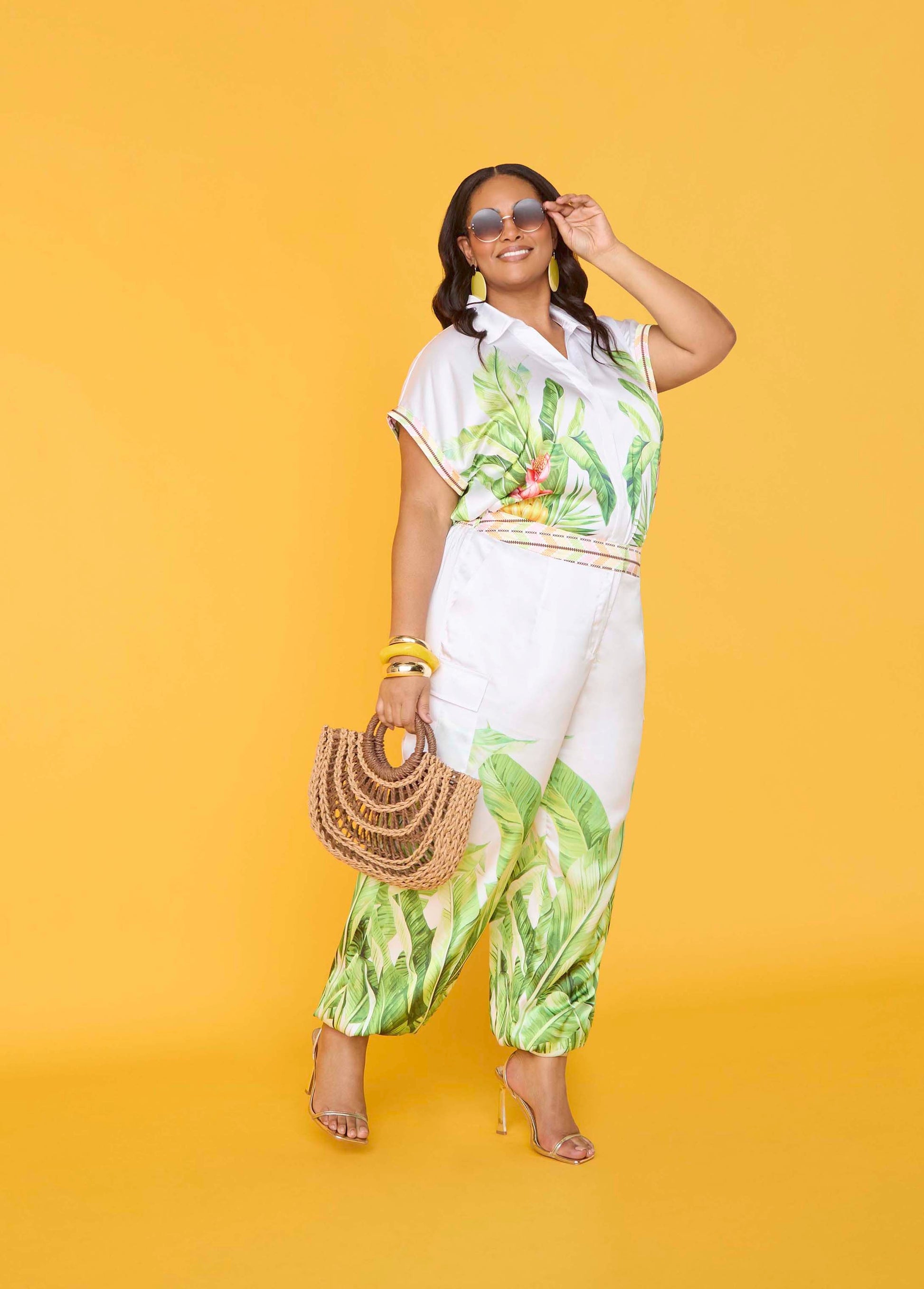 Ashley Stewart Palm Print Bubble Crop Top White