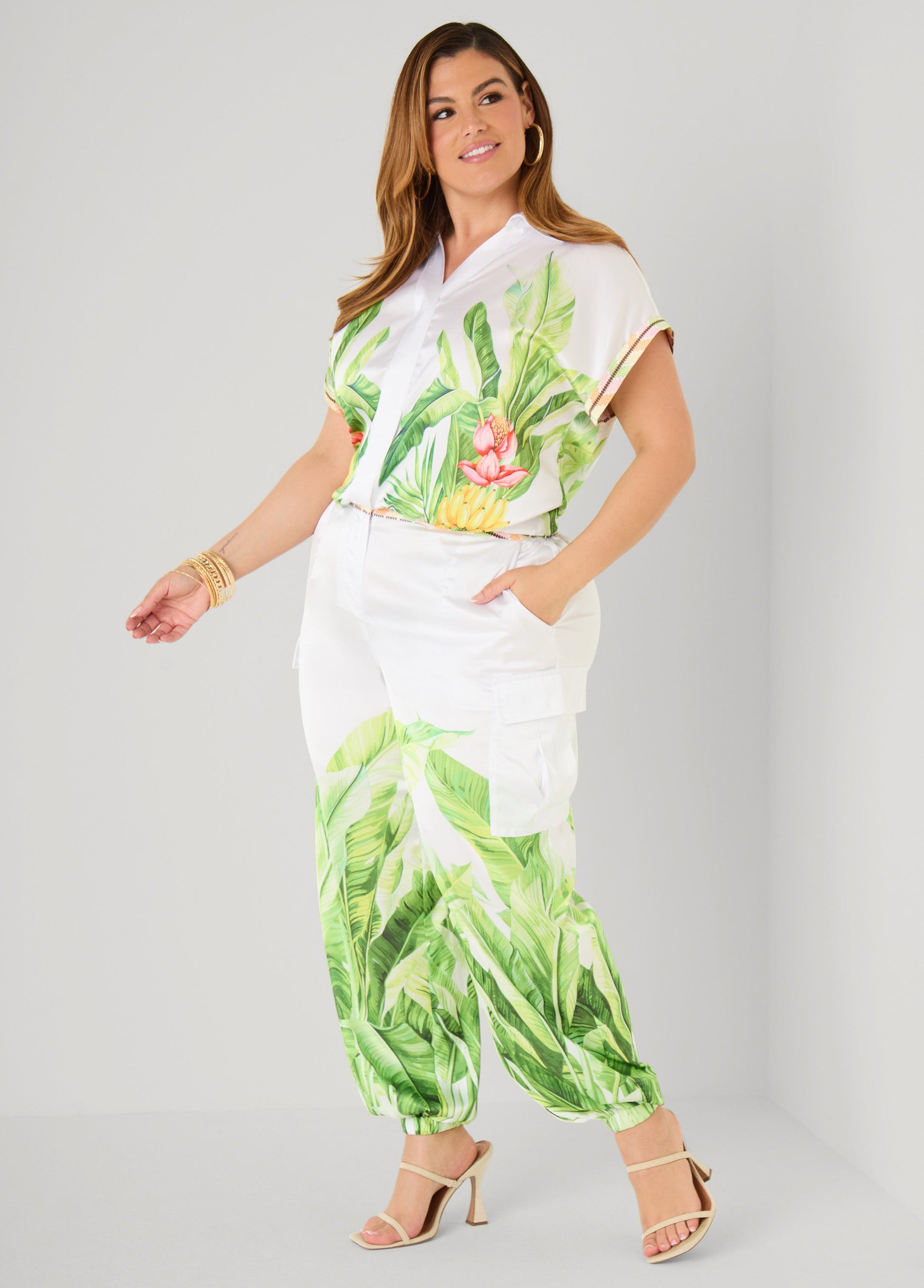 Ashley Stewart Palm Print Bubble Crop Top White