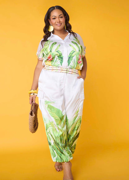 Ashley Stewart Palm Print Bubble Crop Top White