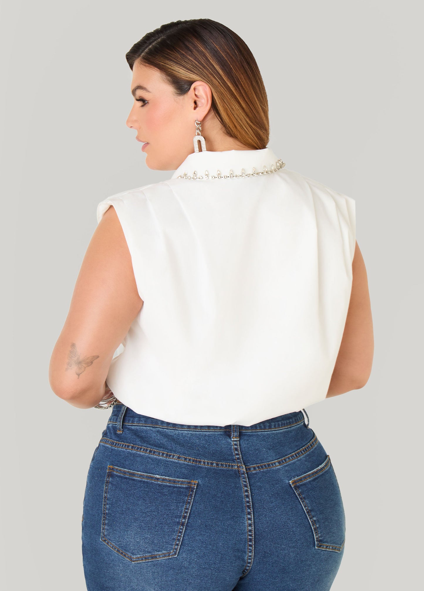 Ashley Stewart Crystal Bubble Crop Top White