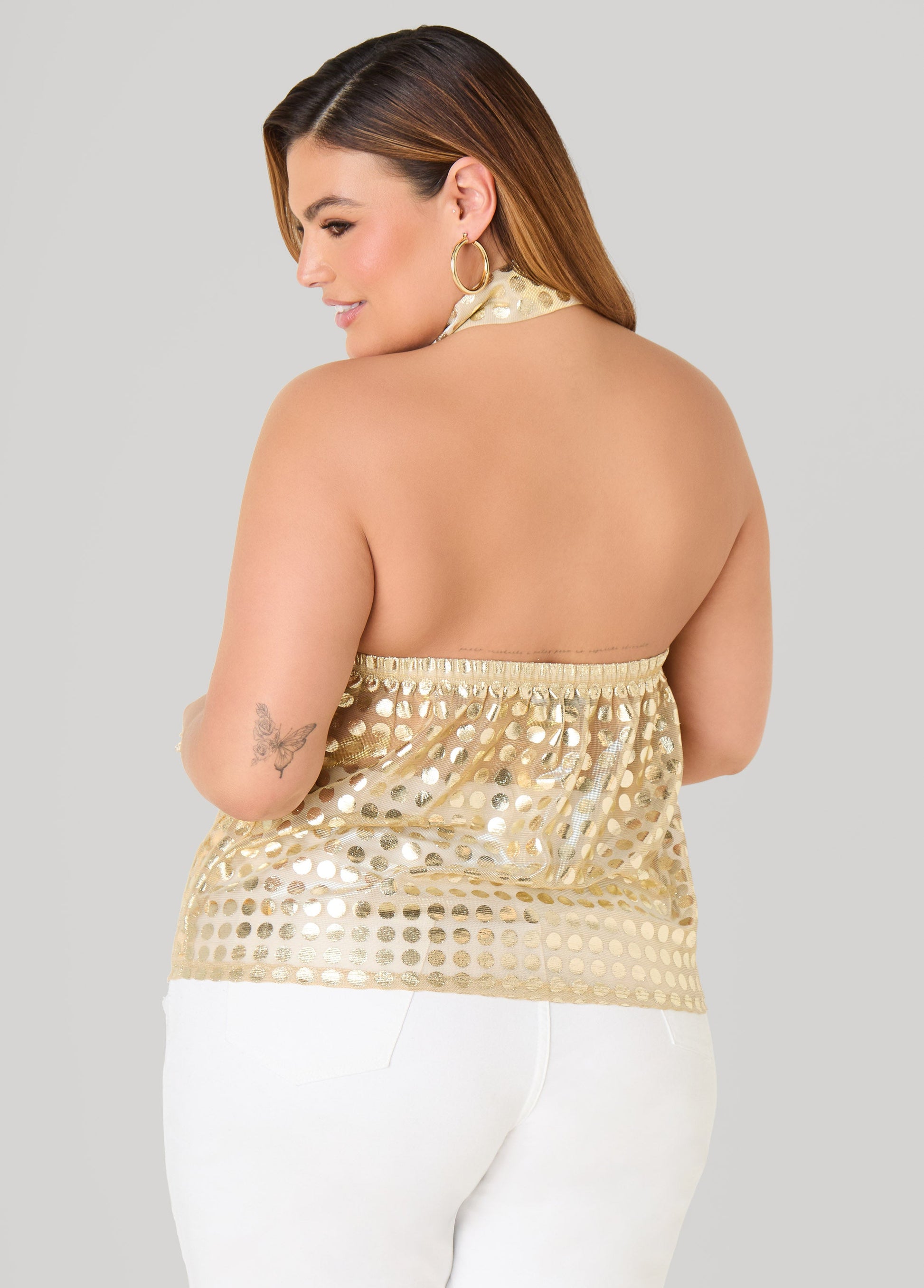 Ashley Stewart Tie Neck Polka Dot Halter Top Gold