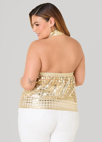 Ashley Stewart Tie Neck Polka Dot Halter Top Gold