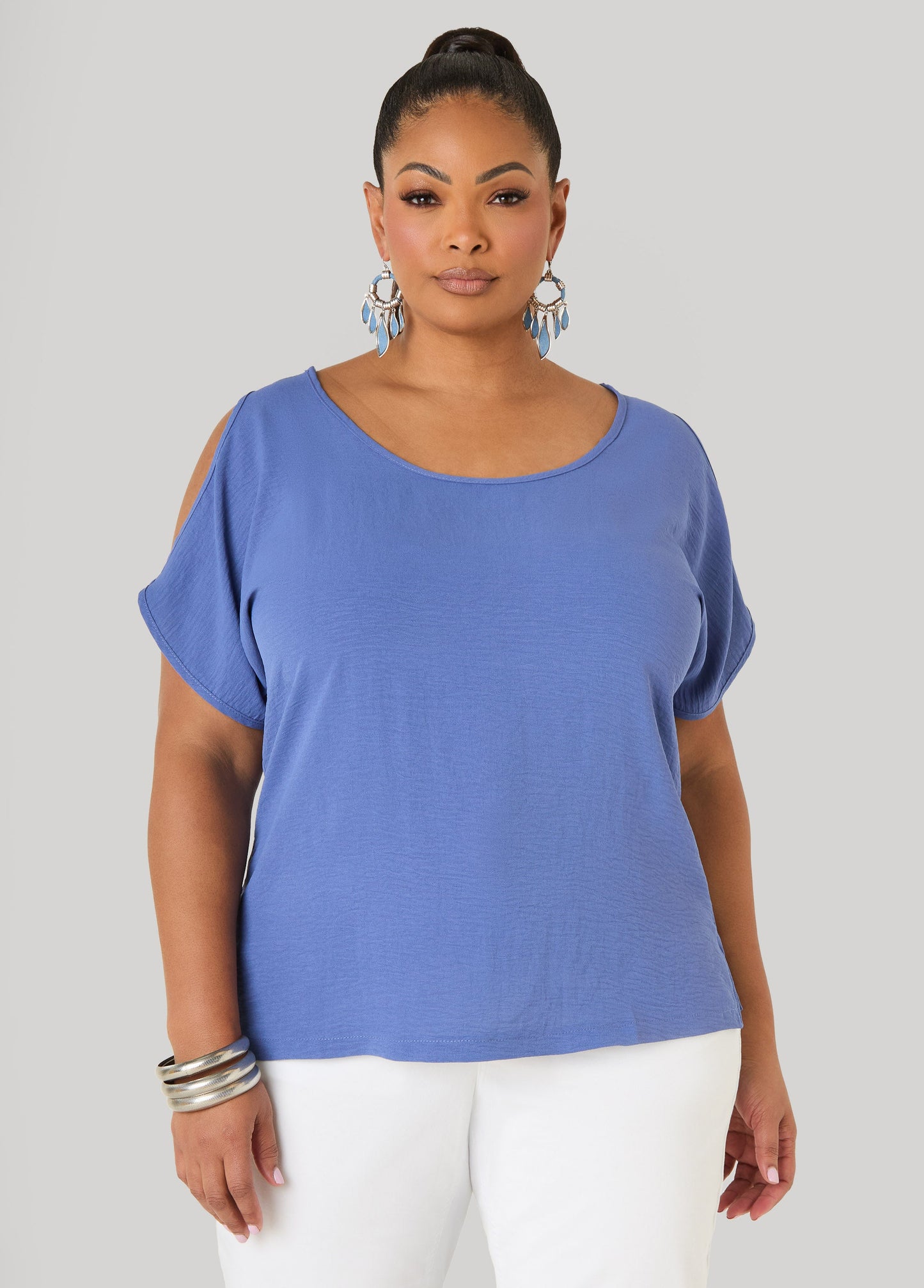 Ashley Stewart Textured Cold Shoulder Top Denim