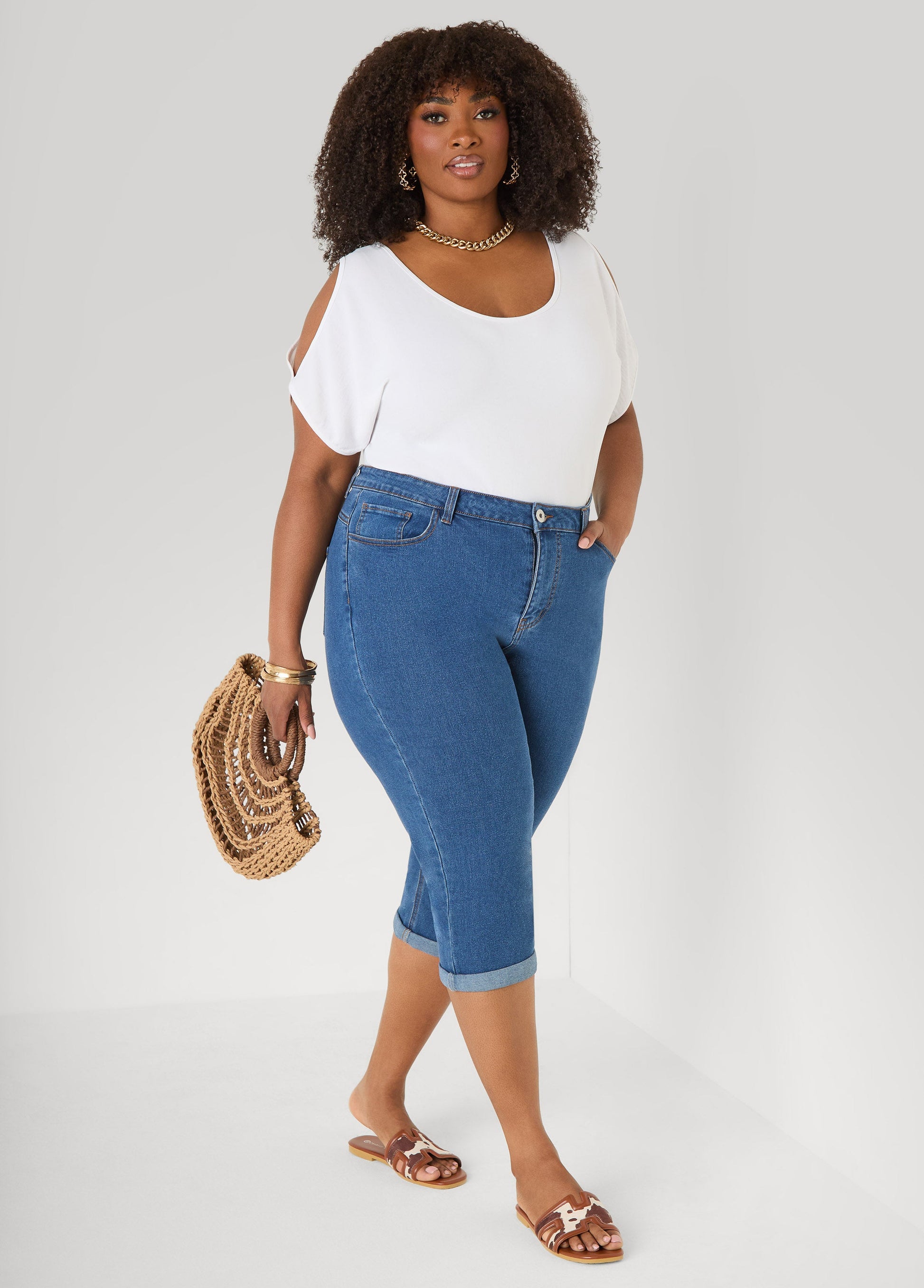 Ashley Stewart Textured Cold Shoulder Top Denim