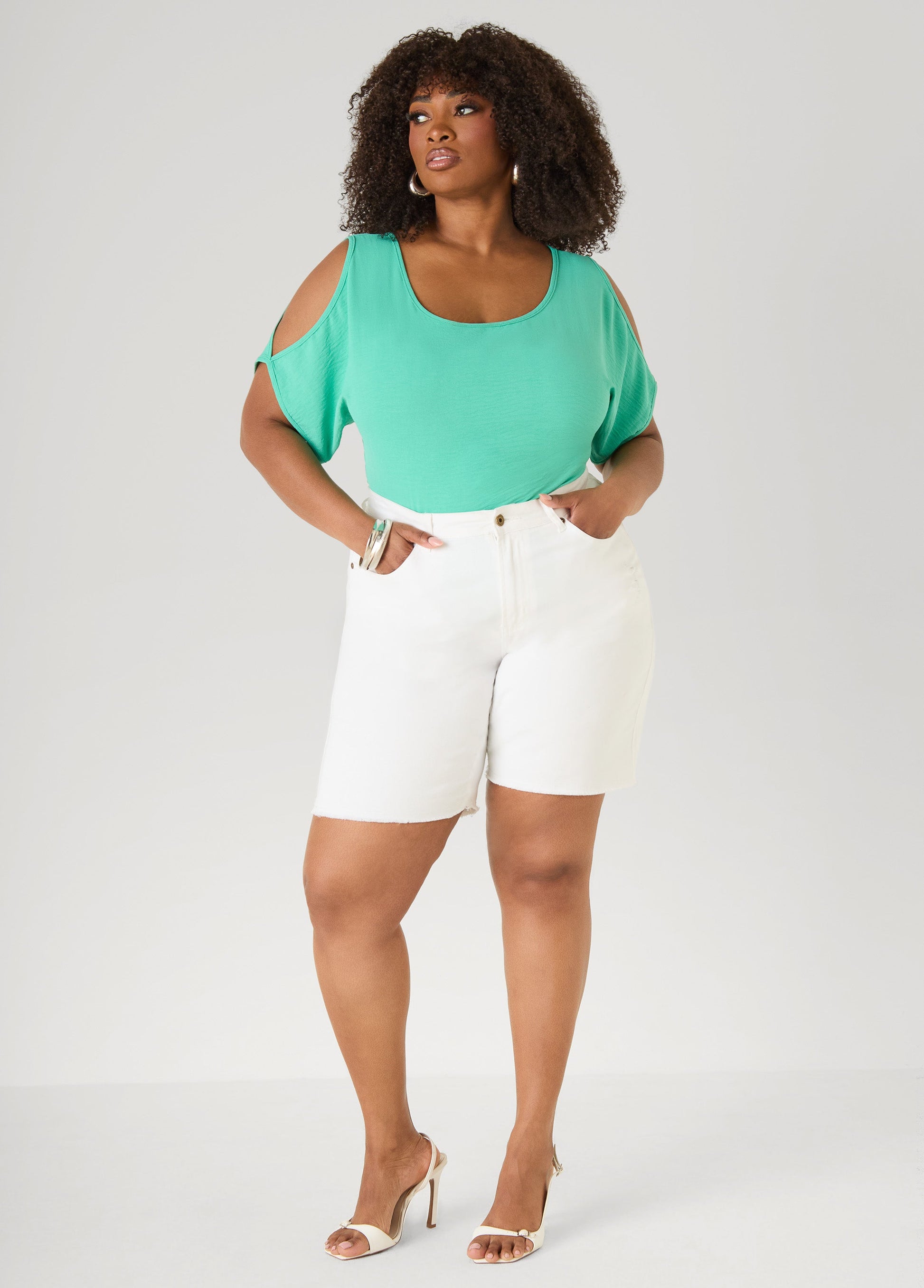 Ashley Stewart Textured Cold Shoulder Top Denim
