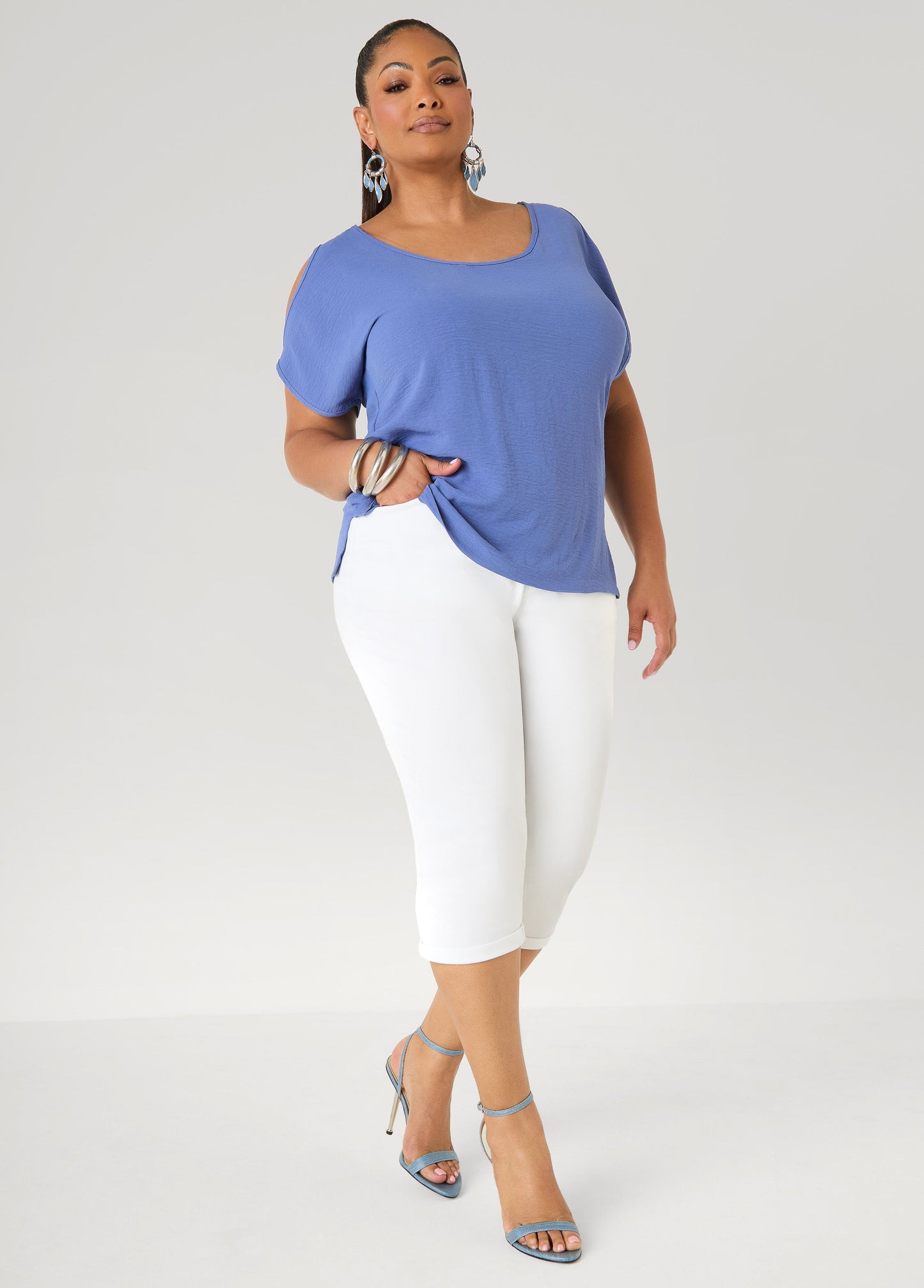 Ashley Stewart Textured Cold Shoulder Top Denim