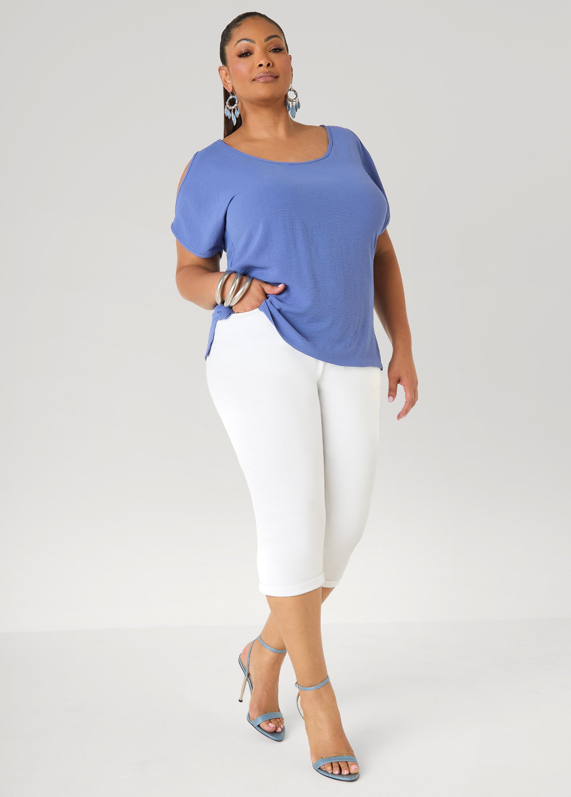 Ashley Stewart Textured Cold Shoulder Top Denim