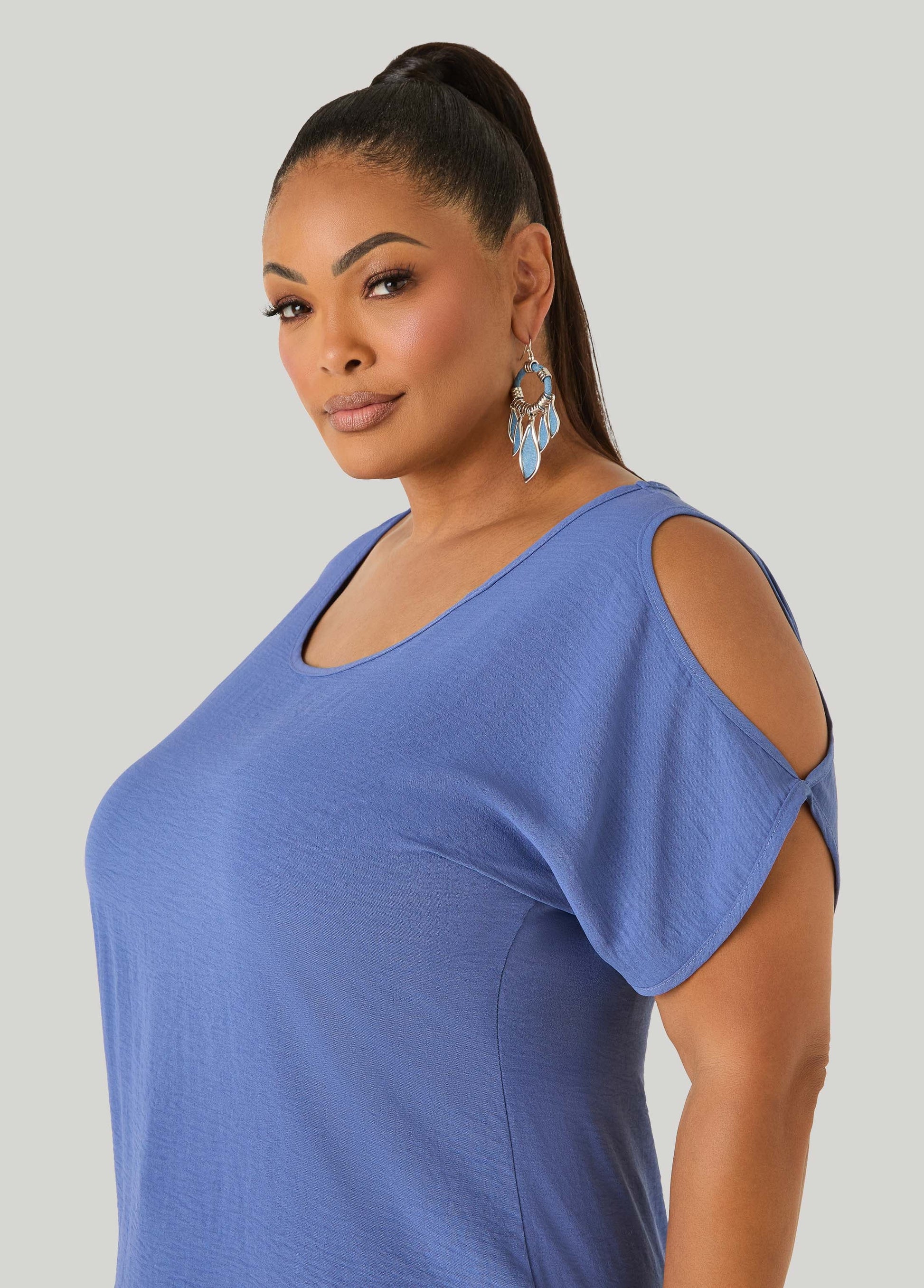 Ashley Stewart Textured Cold Shoulder Top Denim