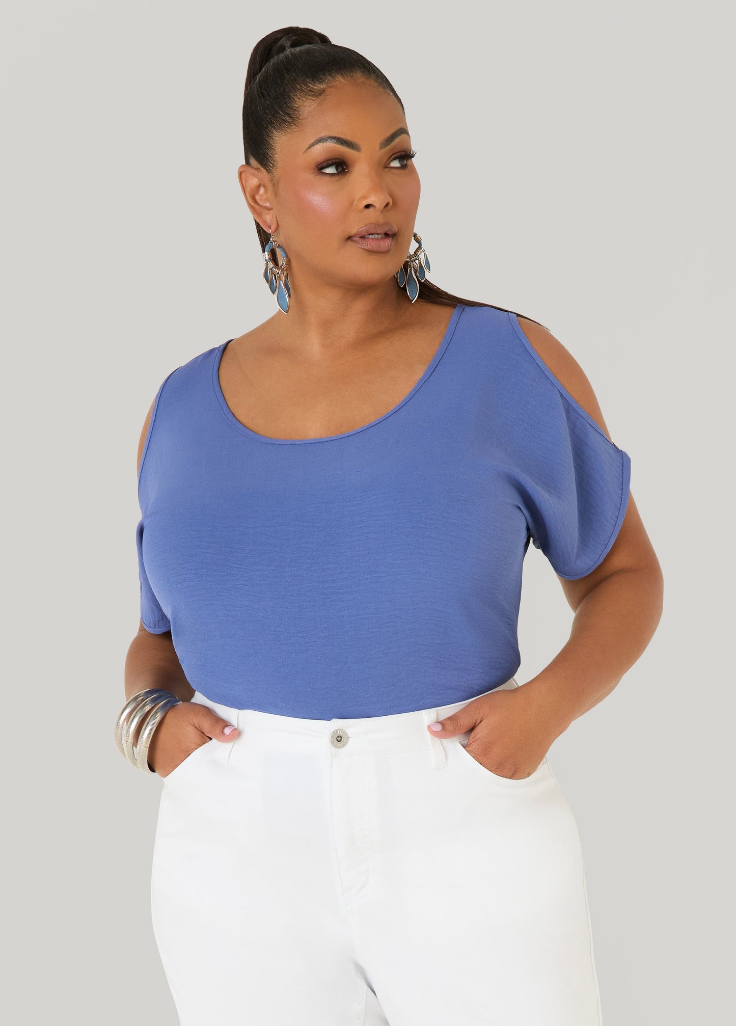 Ashley Stewart Textured Cold Shoulder Top Denim