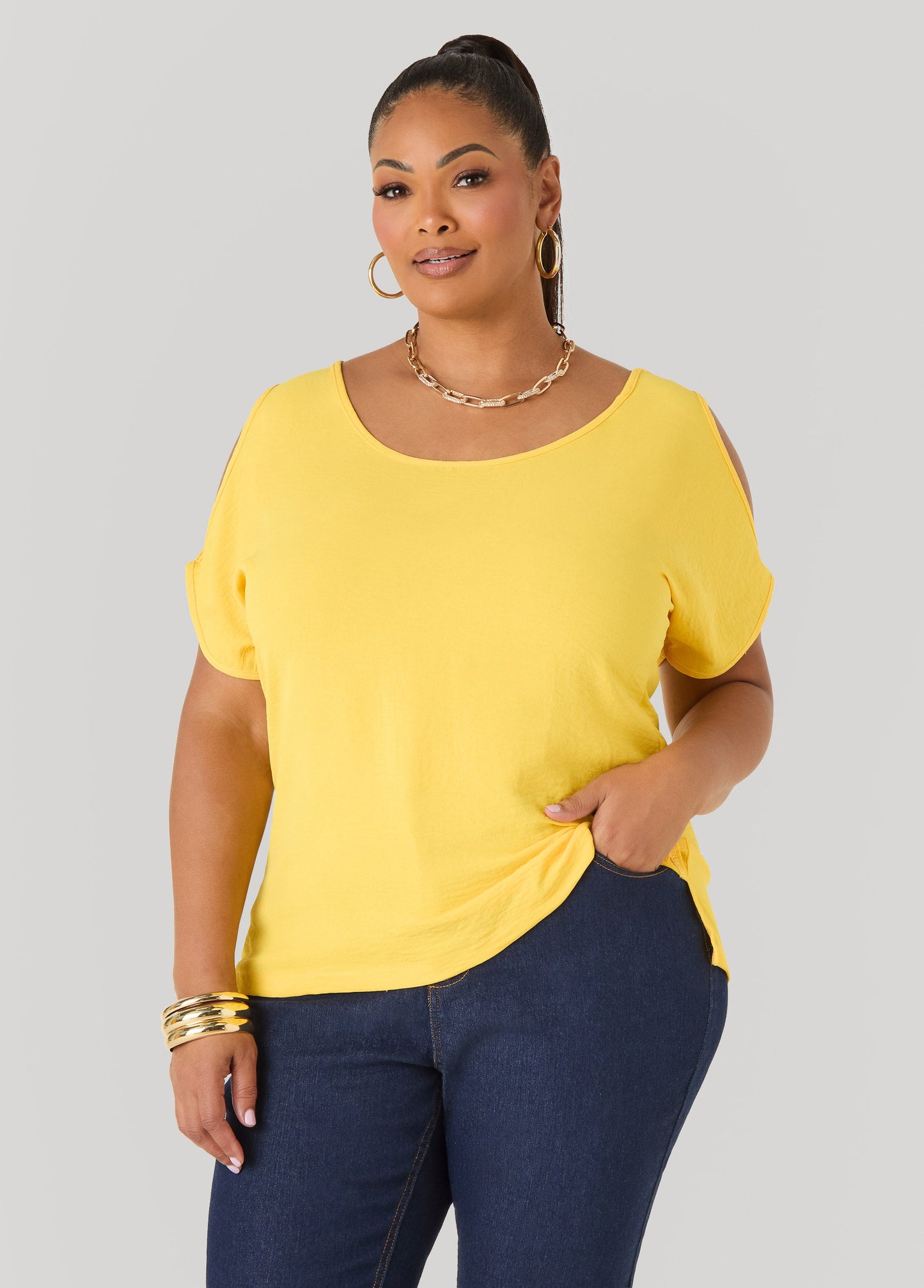 Ashley Stewart Textured Cold Shoulder Top Denim