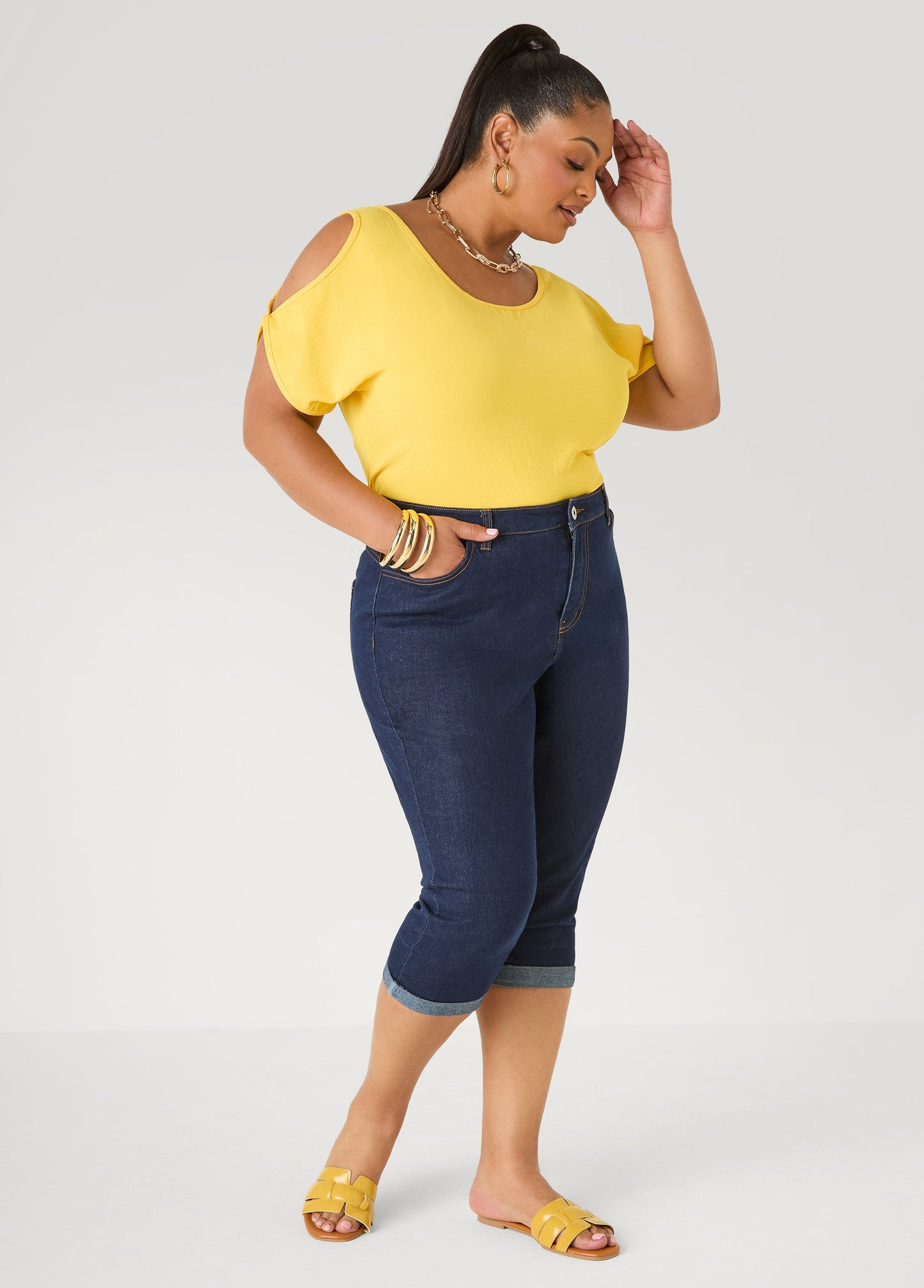 Ashley Stewart Textured Cold Shoulder Top Denim
