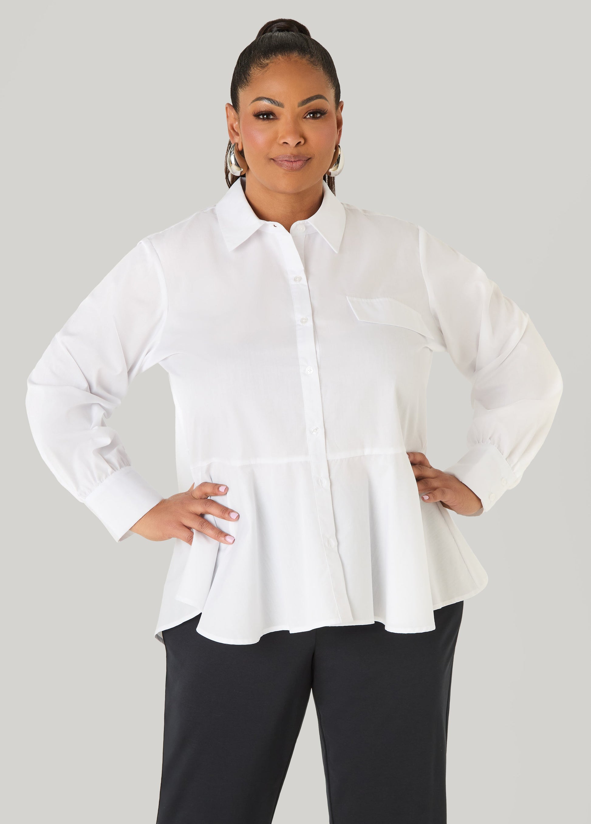 Ashley Stewart Peplum Poplin Shirt White