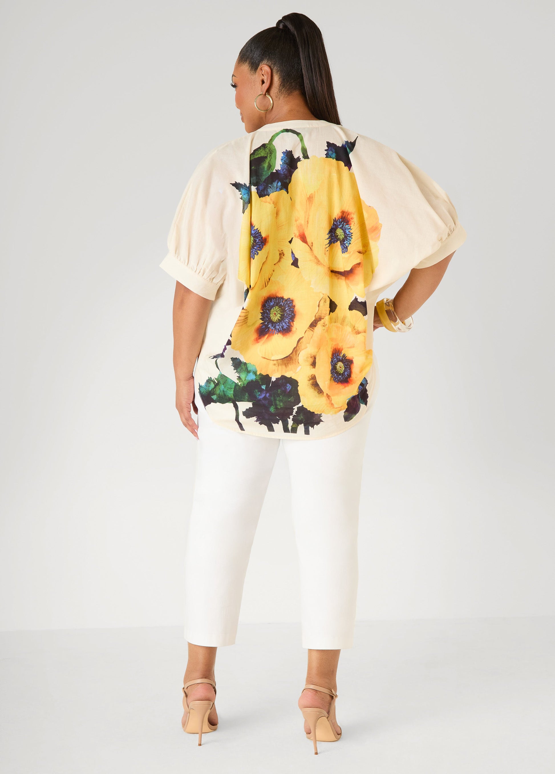 Ashley Stewart Floral Print Cotton Shirt White