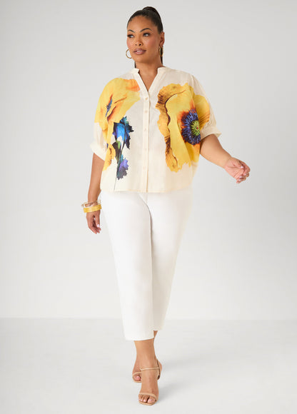 Ashley Stewart Floral Print Cotton Shirt White
