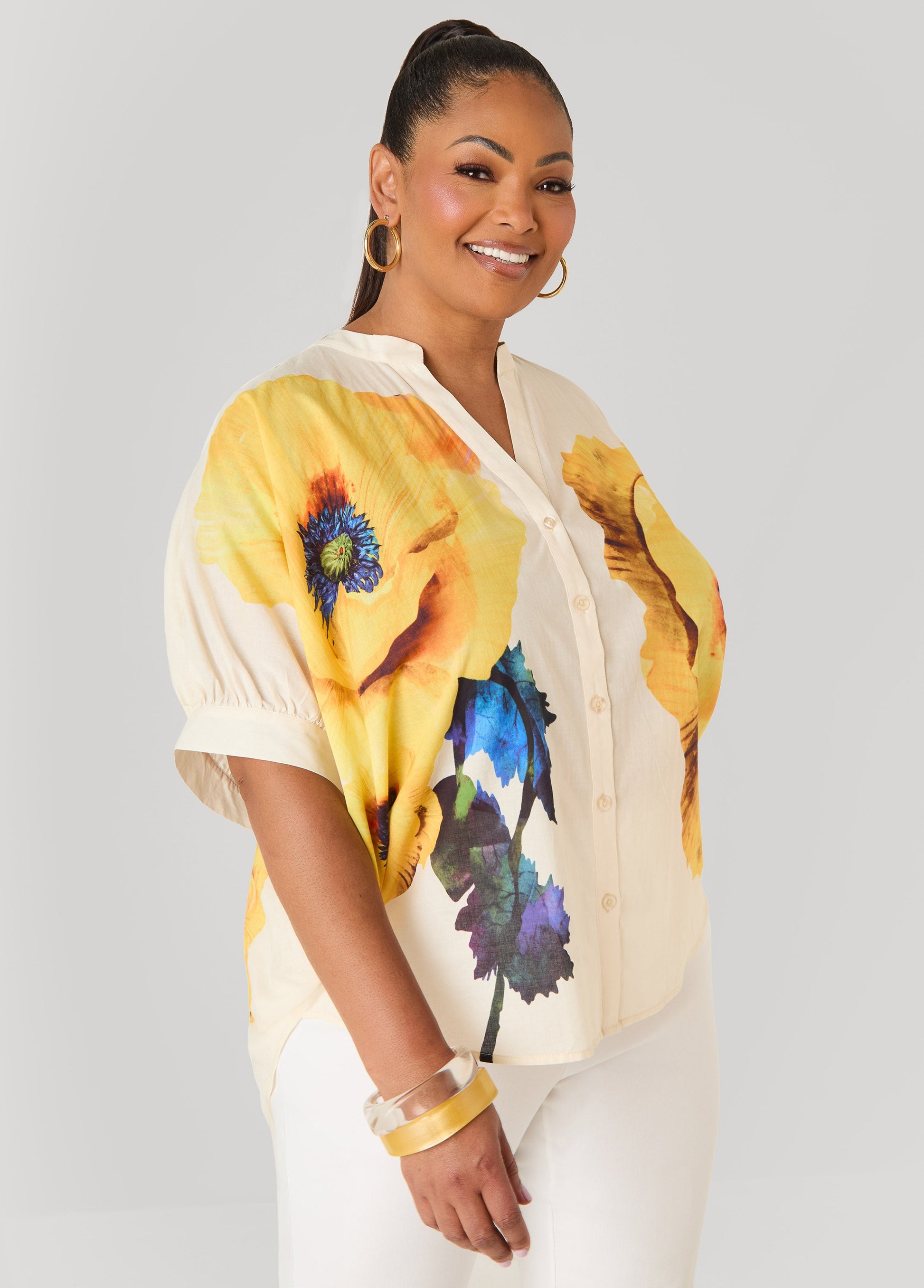 Ashley Stewart Floral Print Cotton Shirt White
