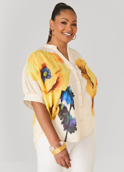 Ashley Stewart Floral Print Cotton Shirt White