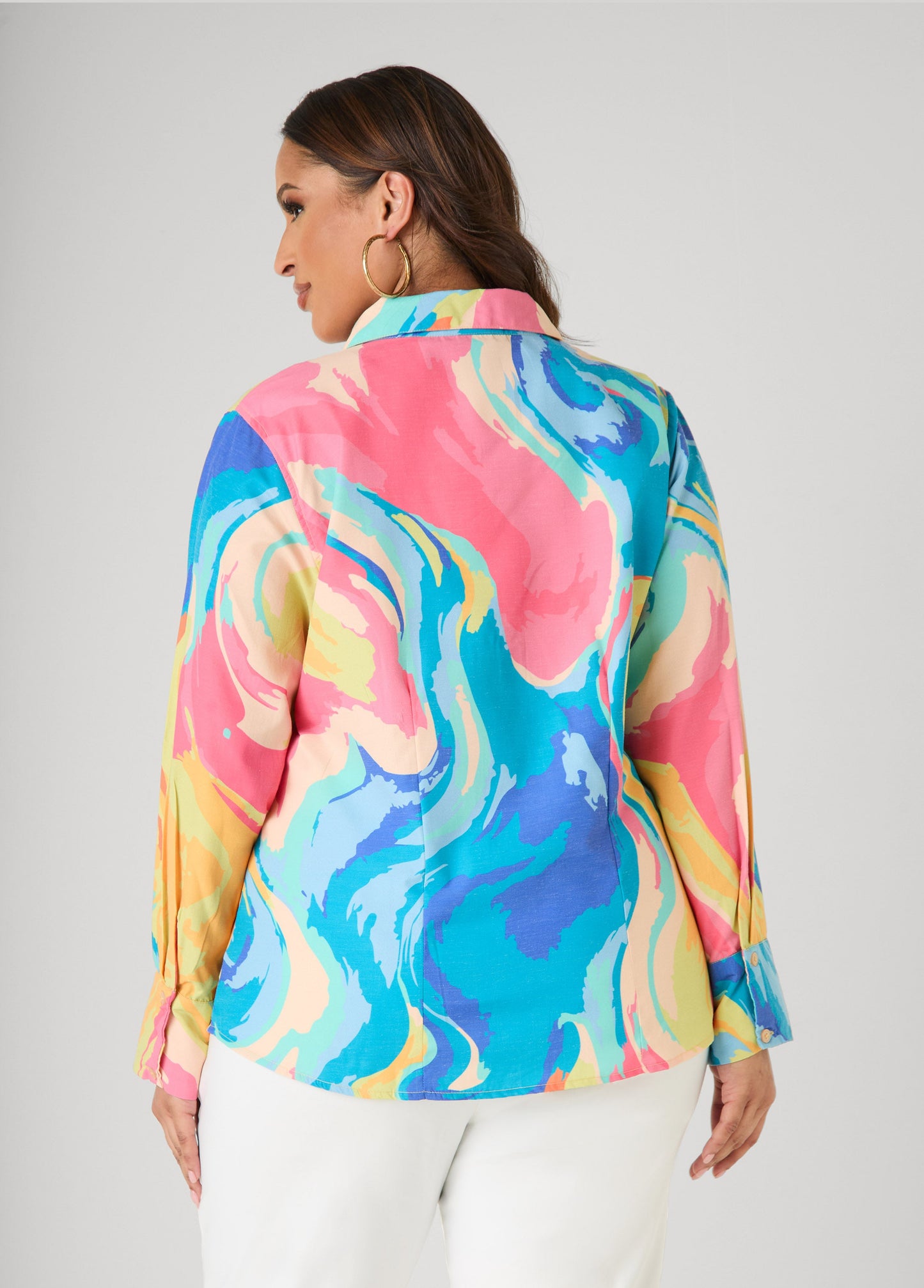 Ashley Stewart Watercolor Print Collared Shirt Multi