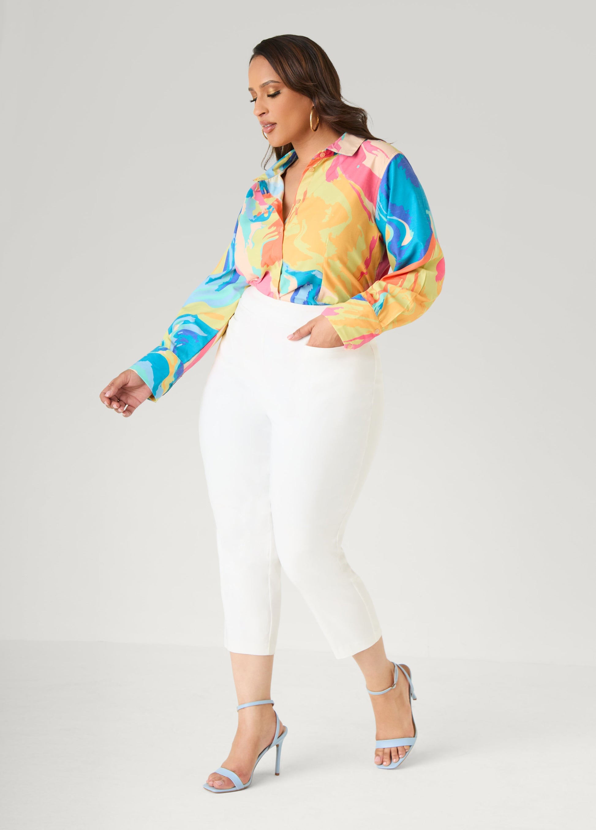 Ashley Stewart Watercolor Print Collared Shirt Multi