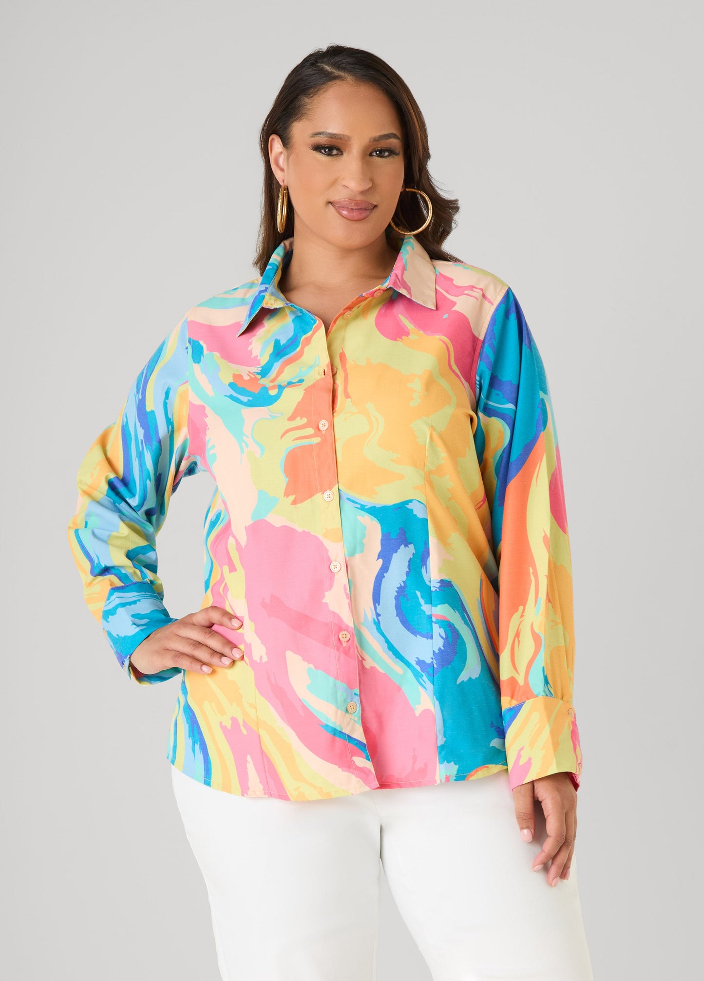 Ashley Stewart Watercolor Print Collared Shirt Multi