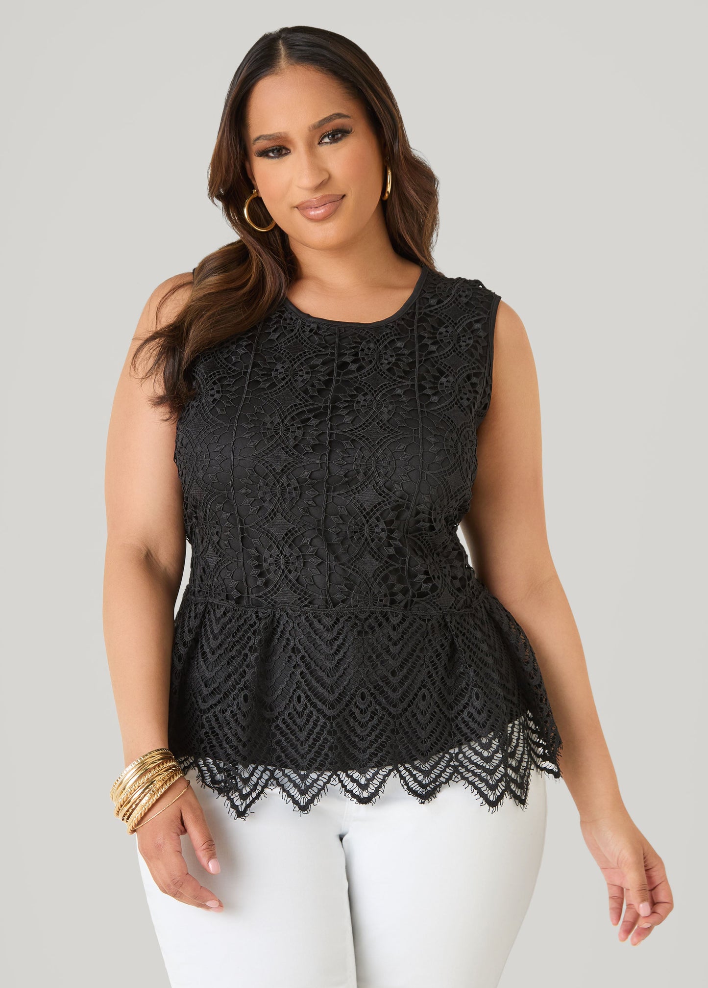 Ashley Stewart Guipure Lace Peplum Top Black