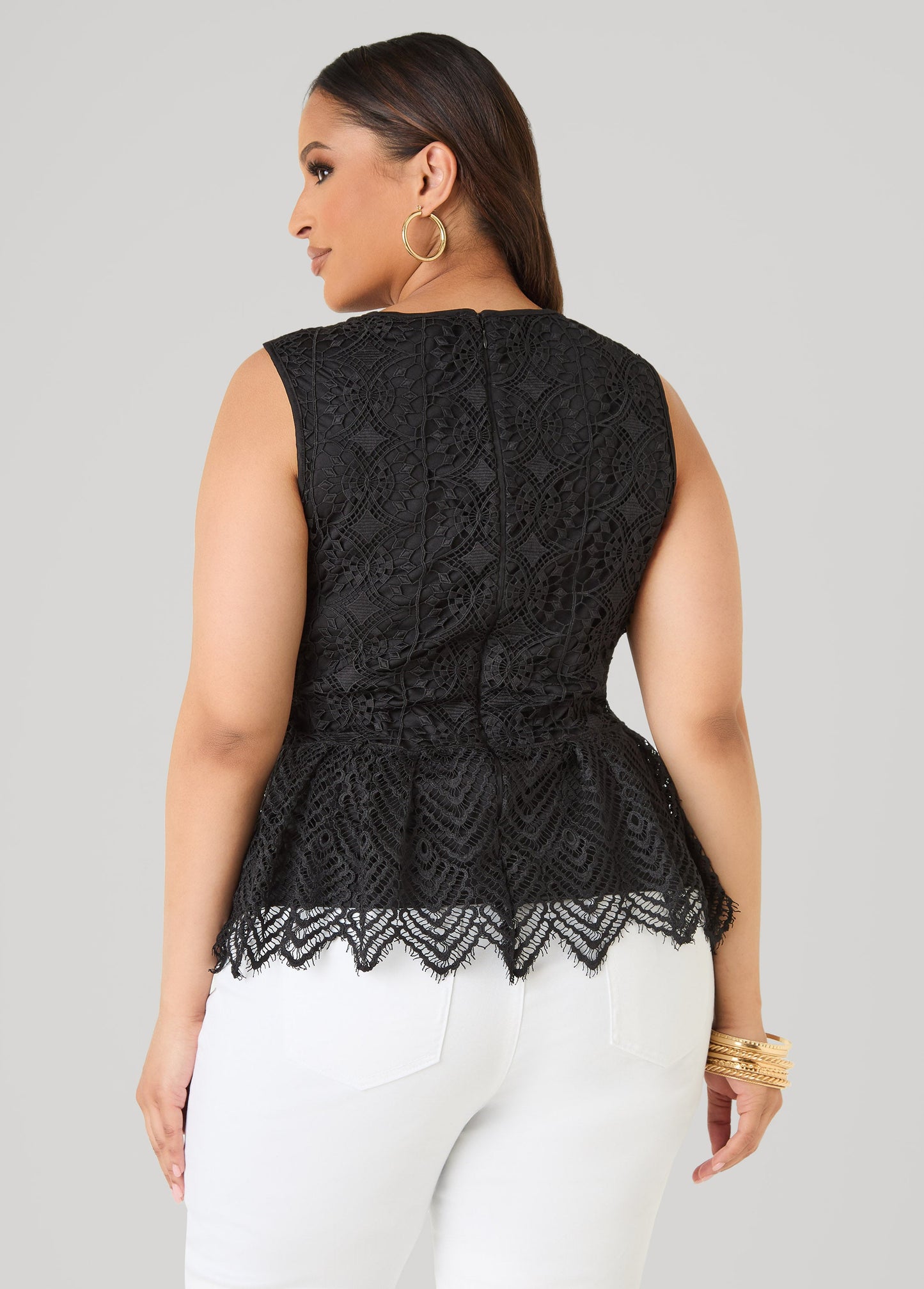 Ashley Stewart Guipure Lace Peplum Top Black