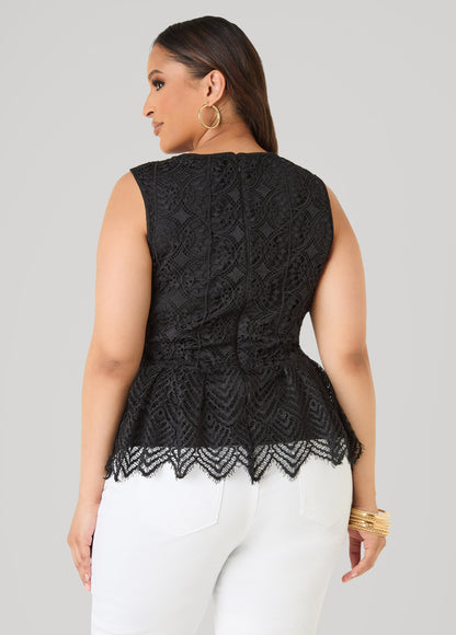 Ashley Stewart Guipure Lace Peplum Top Black