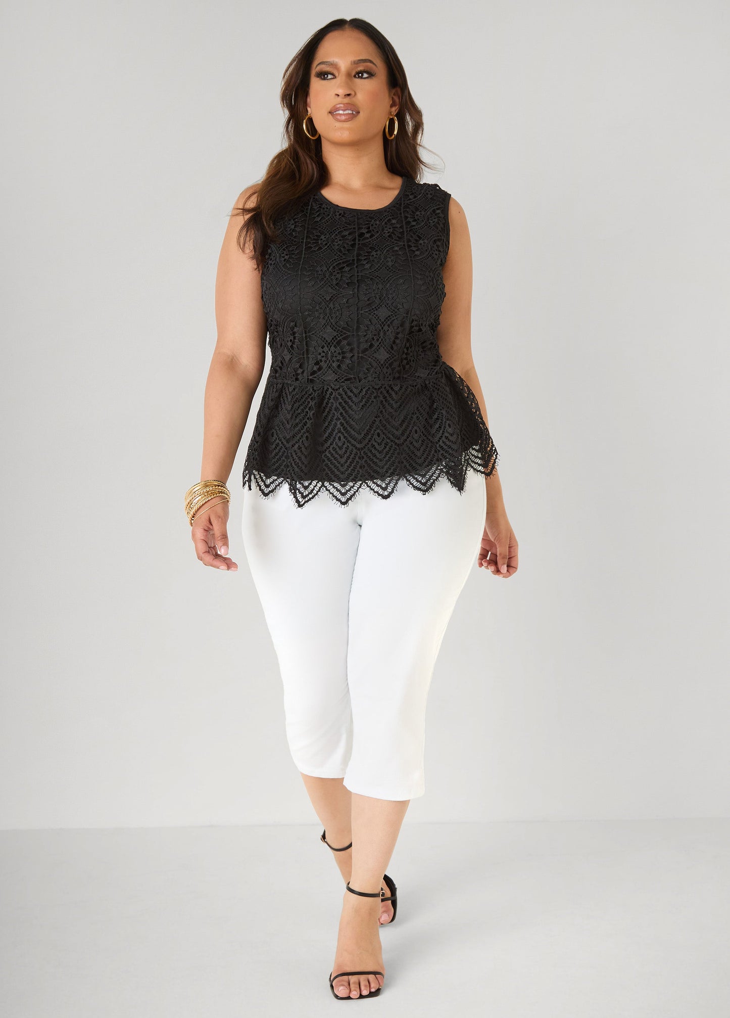 Ashley Stewart Guipure Lace Peplum Top Black