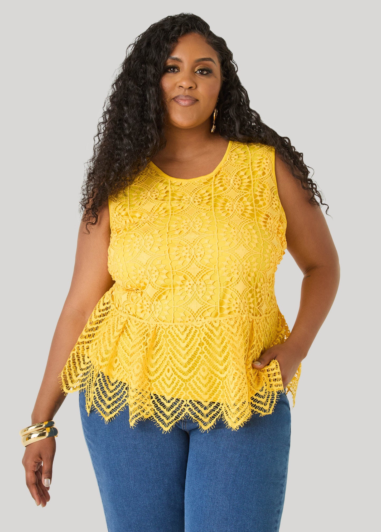 Ashley Stewart Guipure Lace Peplum Top Black