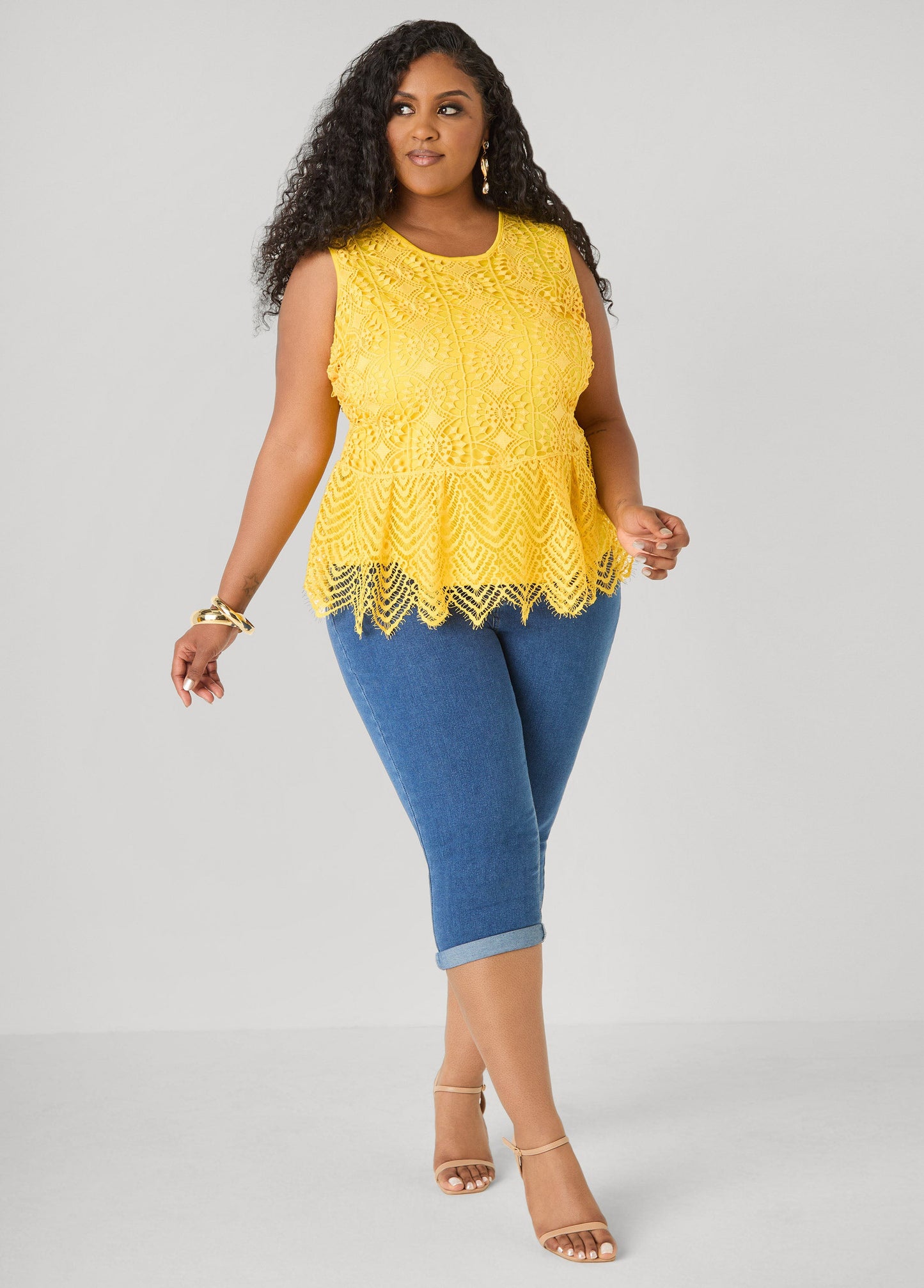 Ashley Stewart Guipure Lace Peplum Top Black